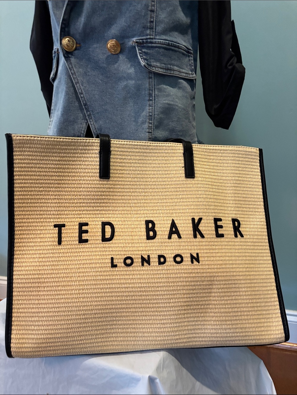 Ted Baker Beige Straw Tote with Black Trim
